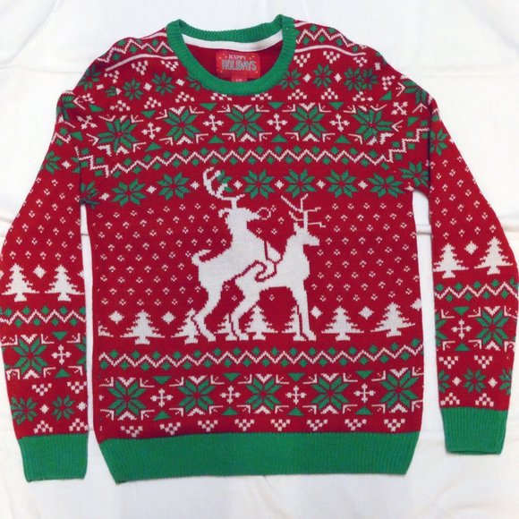 Happy Holidays Sweaters - LARGE Humping Reindeer Red Funny Ugly Christmas Sweater